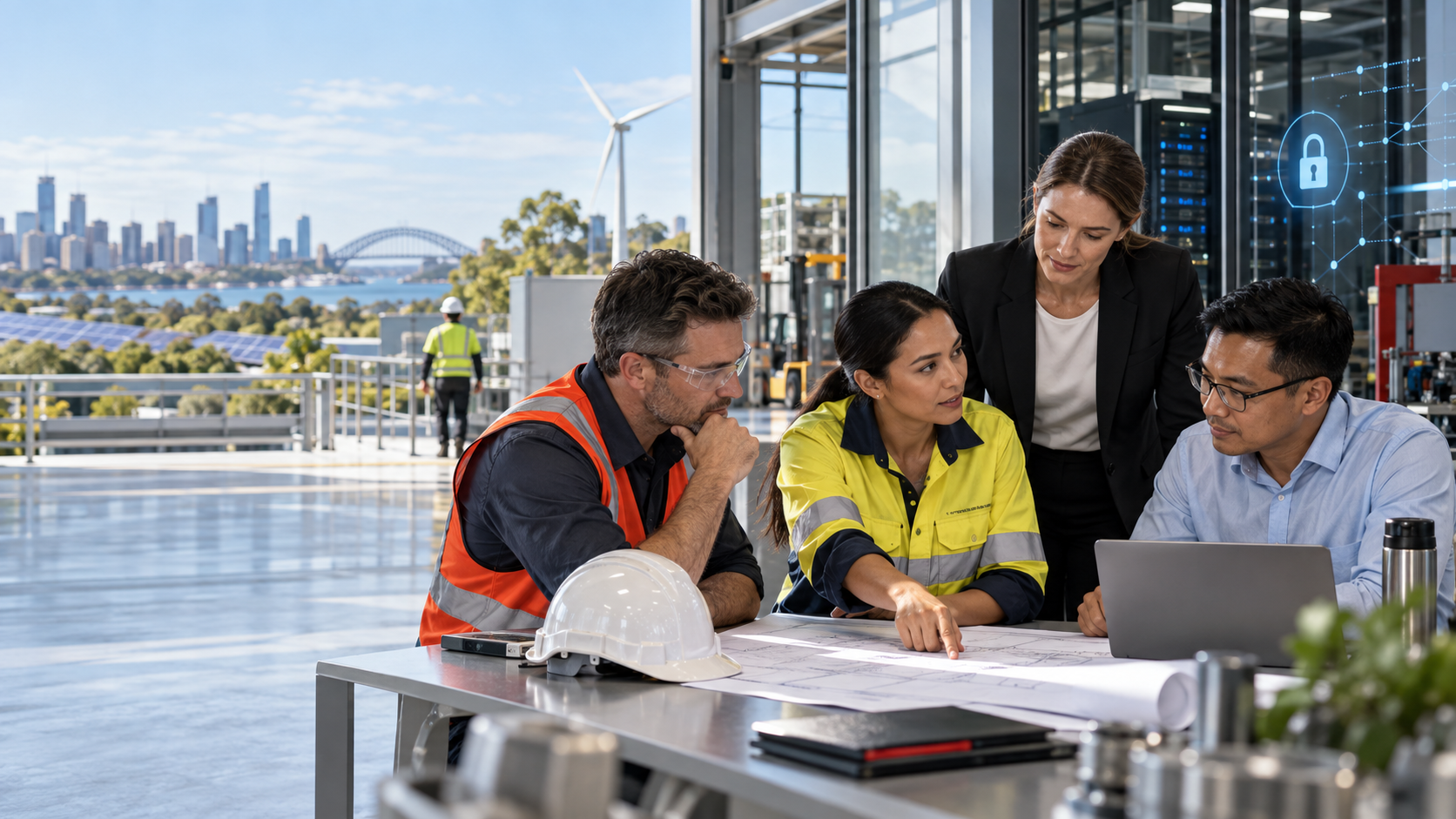A professional team reviewing management system information