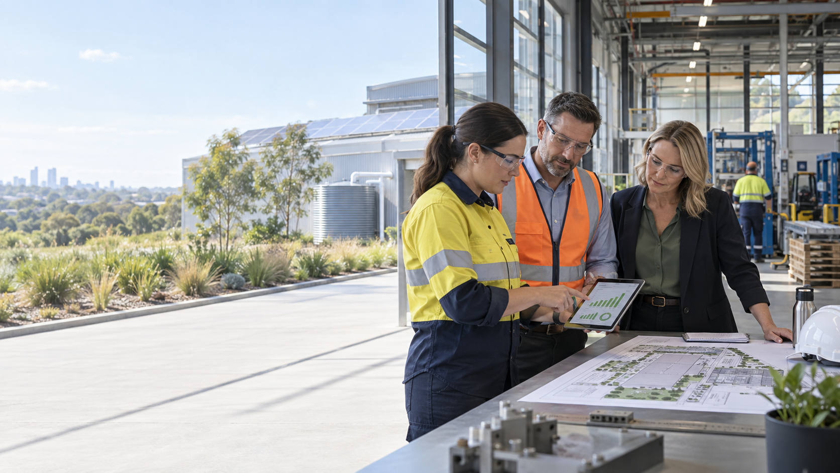 A facility team reviewing environmental performance and operational evidence