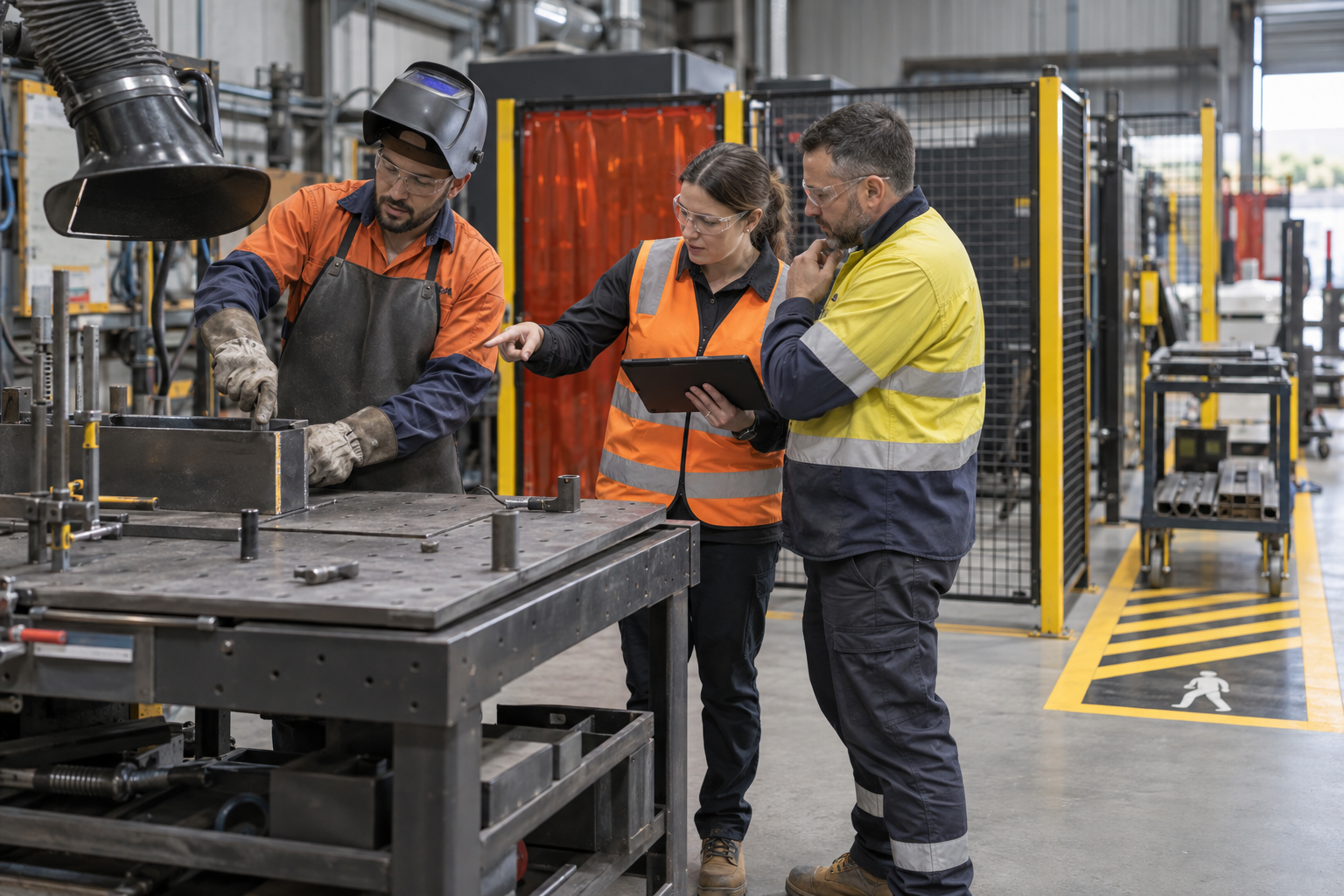 Workers and a supervisor examining a workplace hazard and discussing controls