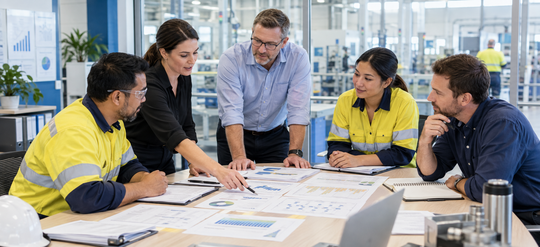 A cross-functional team reviewing process performance and quality evidence